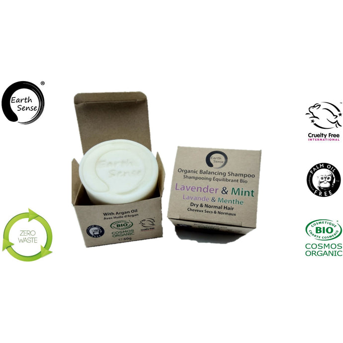 Earth Sense Organics - Organic Balancing Solid Shampoo - Lavender & Mint - Dry & all Hair Types 60g