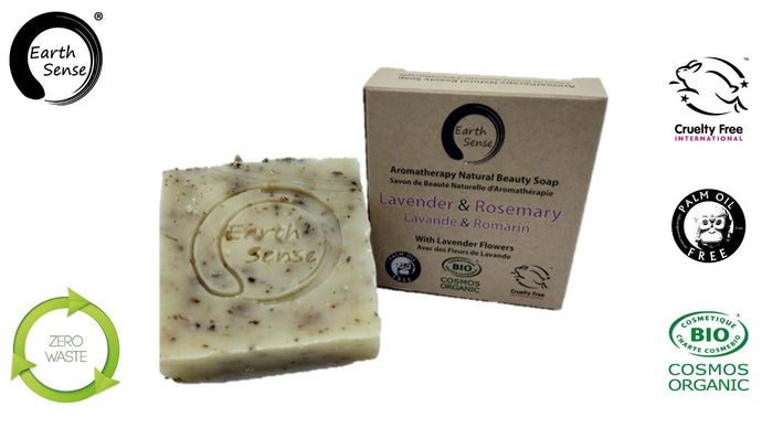 Earth Sense Organics - Organic Solid Soap - Lavender & Rosemary with Lavender flowers 100g